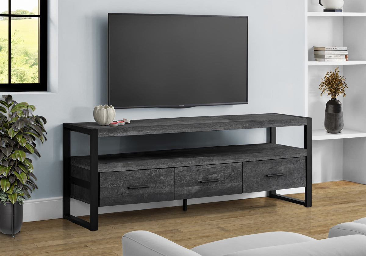 Tv Stand, 60 Inch, Console, Media Entertainment Center, Storage Drawers, Living Room, Bedroom, Black Laminate, Black Metal, Contemporary, Modern