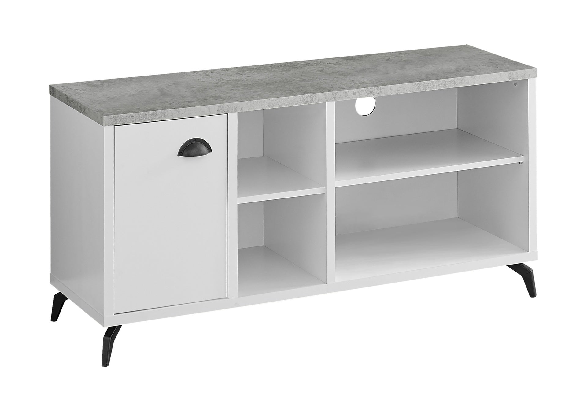 Tv Stand, 48 Inch, Console, Media Entertainment Center, Storage Cabinet, Living Room, Bedroom, White And Grey Laminate, Black Metal, Contemporary, Modern