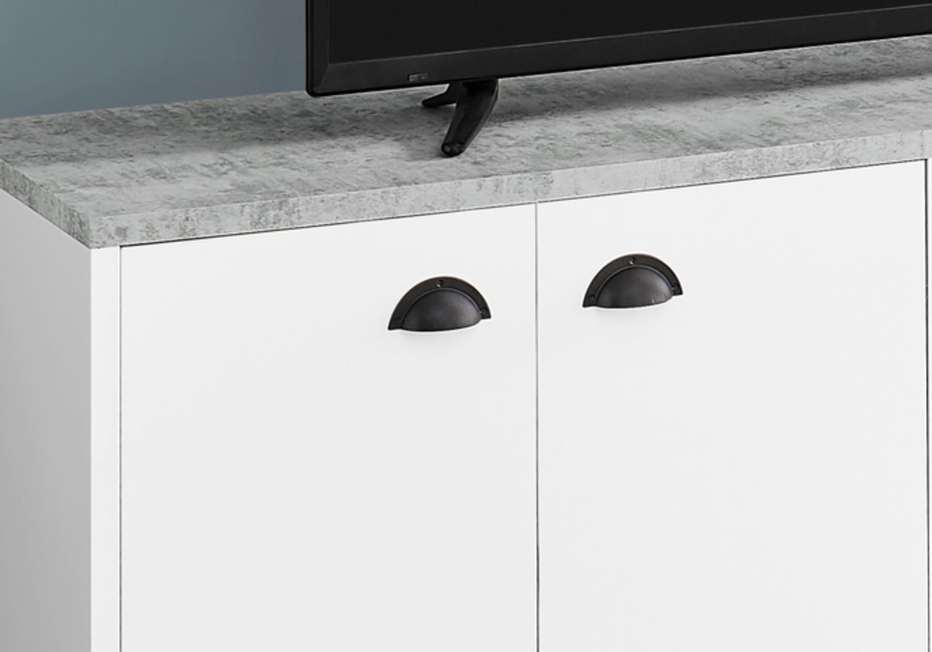 Tv Stand, 60 Inch, Console, Media Entertainment Center, Storage Cabinet, Living Room, Bedroom, White And Grey Laminate, Black Metal, Contemporary, Modern