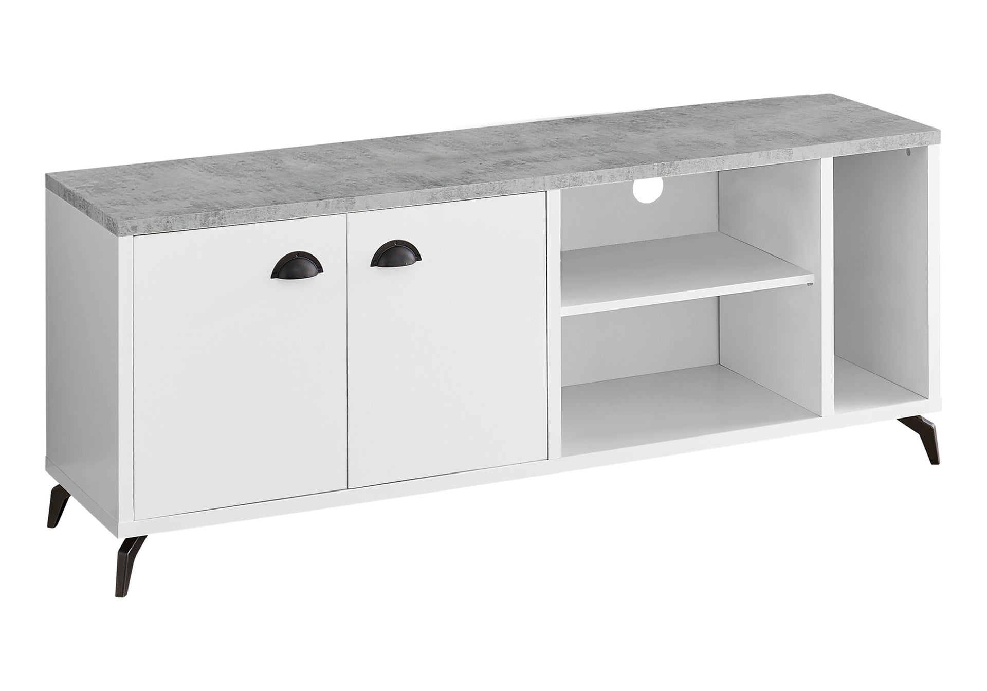 Tv Stand, 60 Inch, Console, Media Entertainment Center, Storage Cabinet, Living Room, Bedroom, White And Grey Laminate, Black Metal, Contemporary, Modern