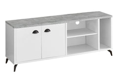 Tv Stand, 60 Inch, Console, Media Entertainment Center, Storage Cabinet, Living Room, Bedroom, White And Grey Laminate, Black Metal, Contemporary, Modern