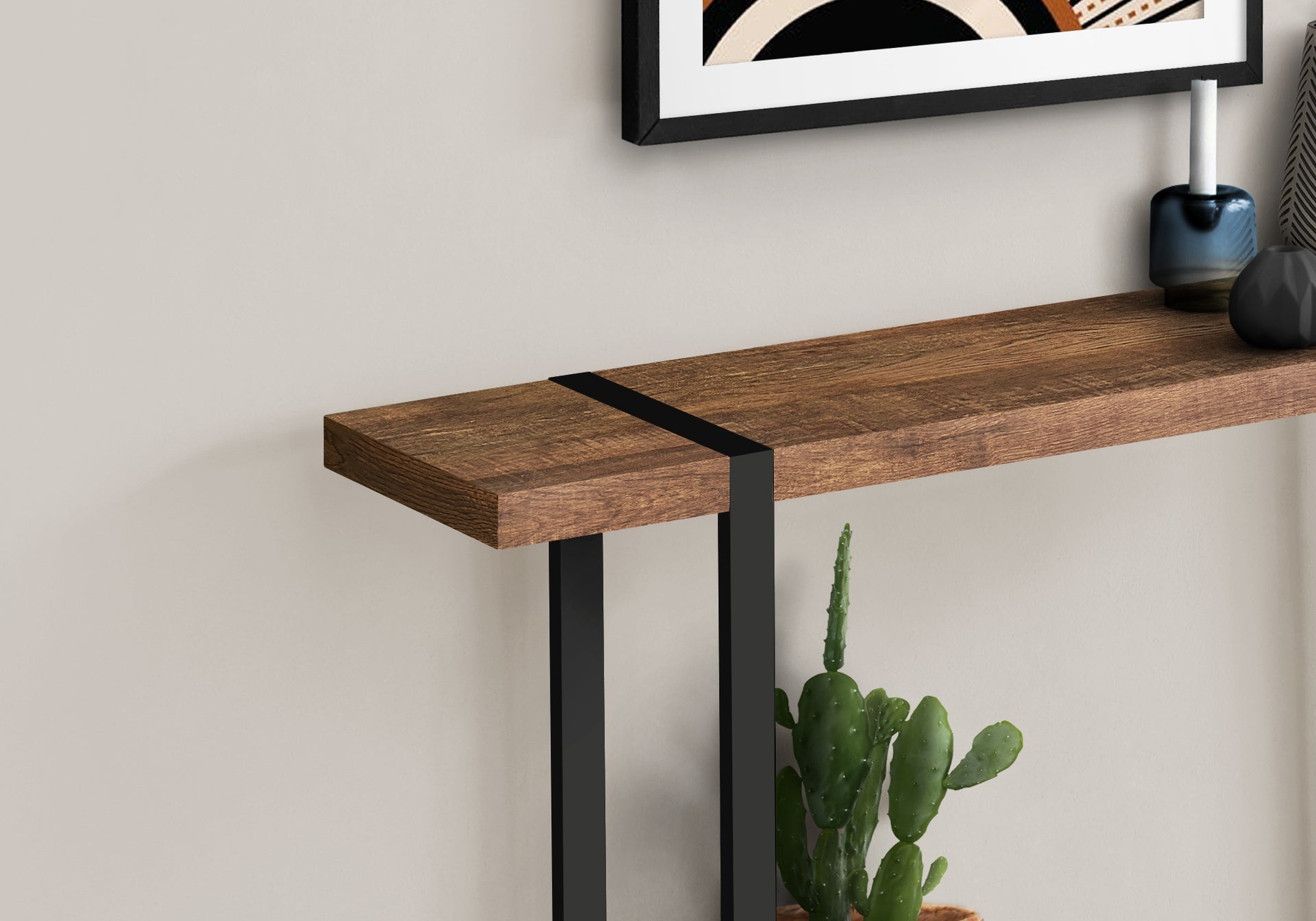 Accent Table, Console, Entryway, Narrow, Sofa, Living Room, Bedroom, Brown Laminate, Black Metal, Contemporary, Modern