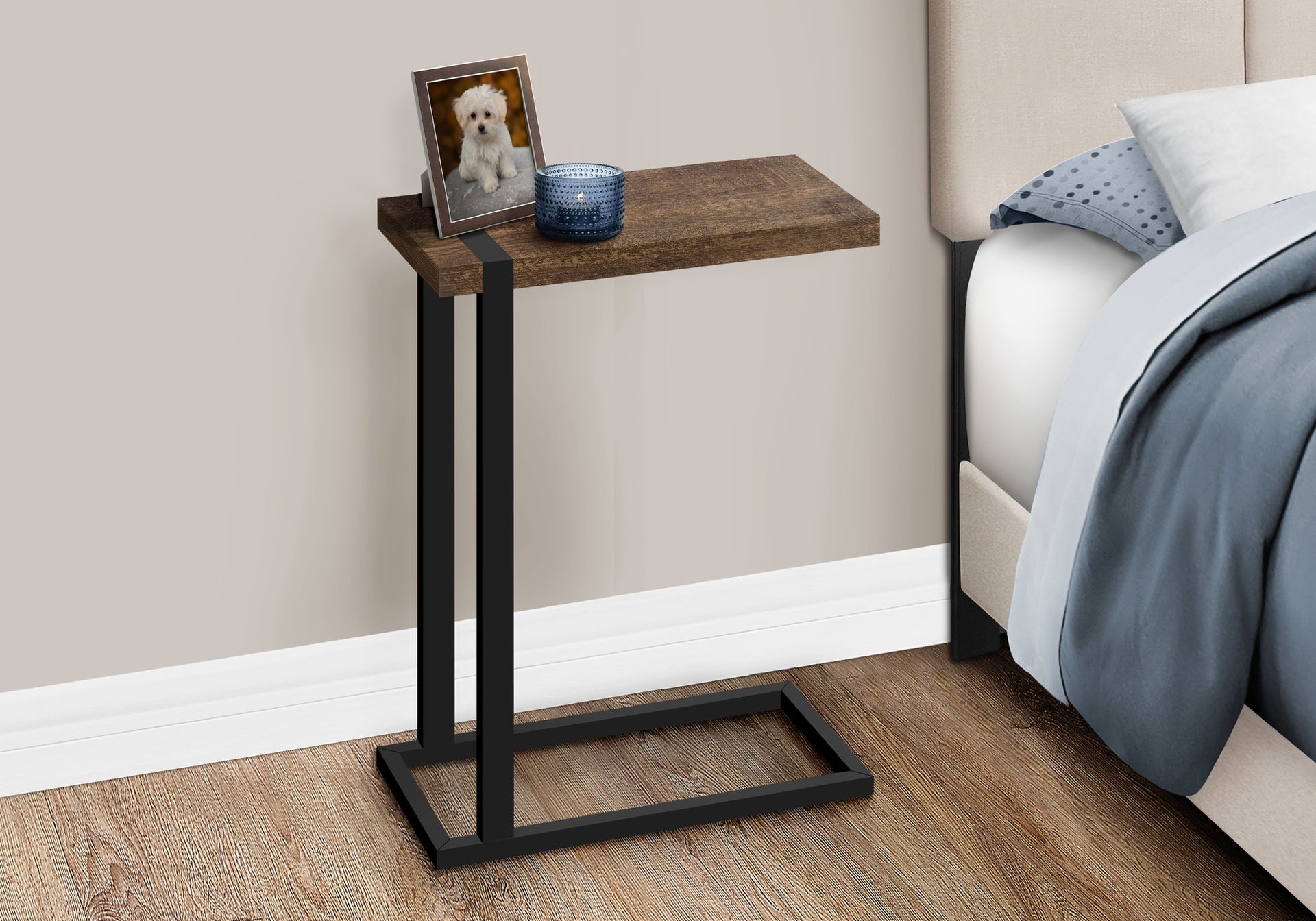 Accent Table, C-shaped, End, Side, Snack, Living Room, Bedroom, Brown Laminate, Black Metal, Contemporary, Modern