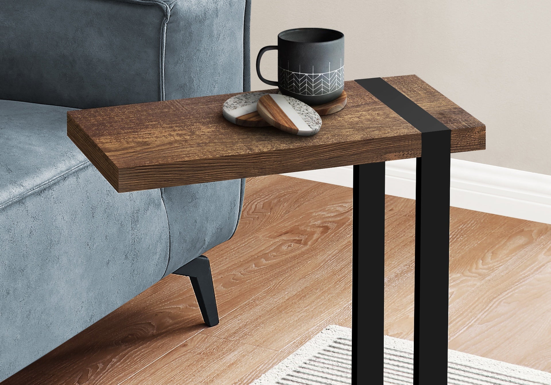 Accent Table, C-shaped, End, Side, Snack, Living Room, Bedroom, Brown Laminate, Black Metal, Contemporary, Modern