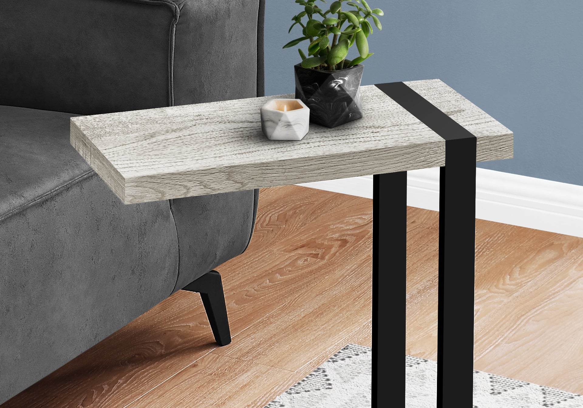 Accent Table, C-shaped, End, Side, Snack, Living Room, Bedroom, Grey Laminate, Black Metal, Contemporary, Modern