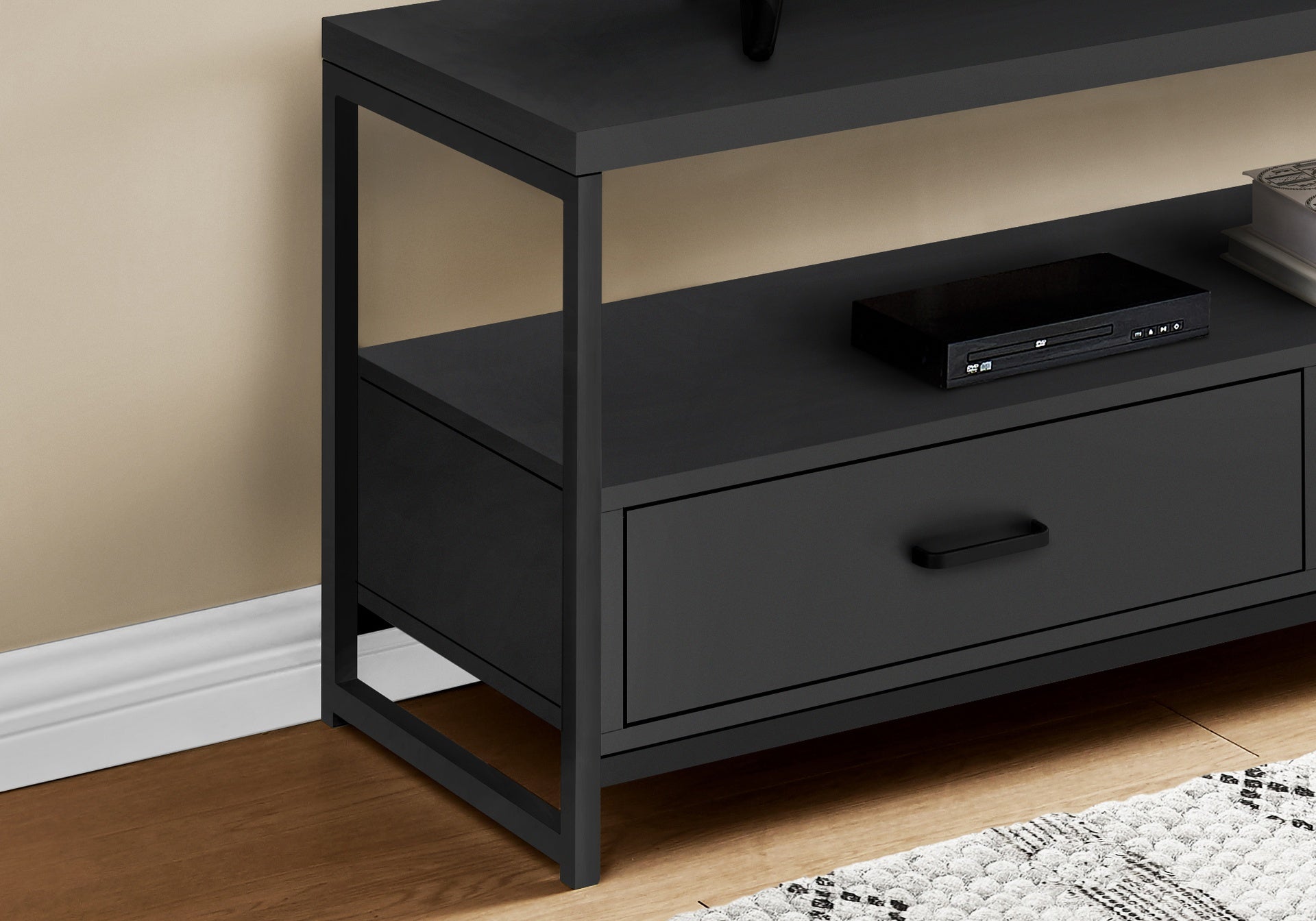 Tv Stand, 48 Inch, Console, Media Entertainment Center, Storage Drawers, Living Room, Bedroom, Black Laminate, Black Metal, Contemporary, Modern
