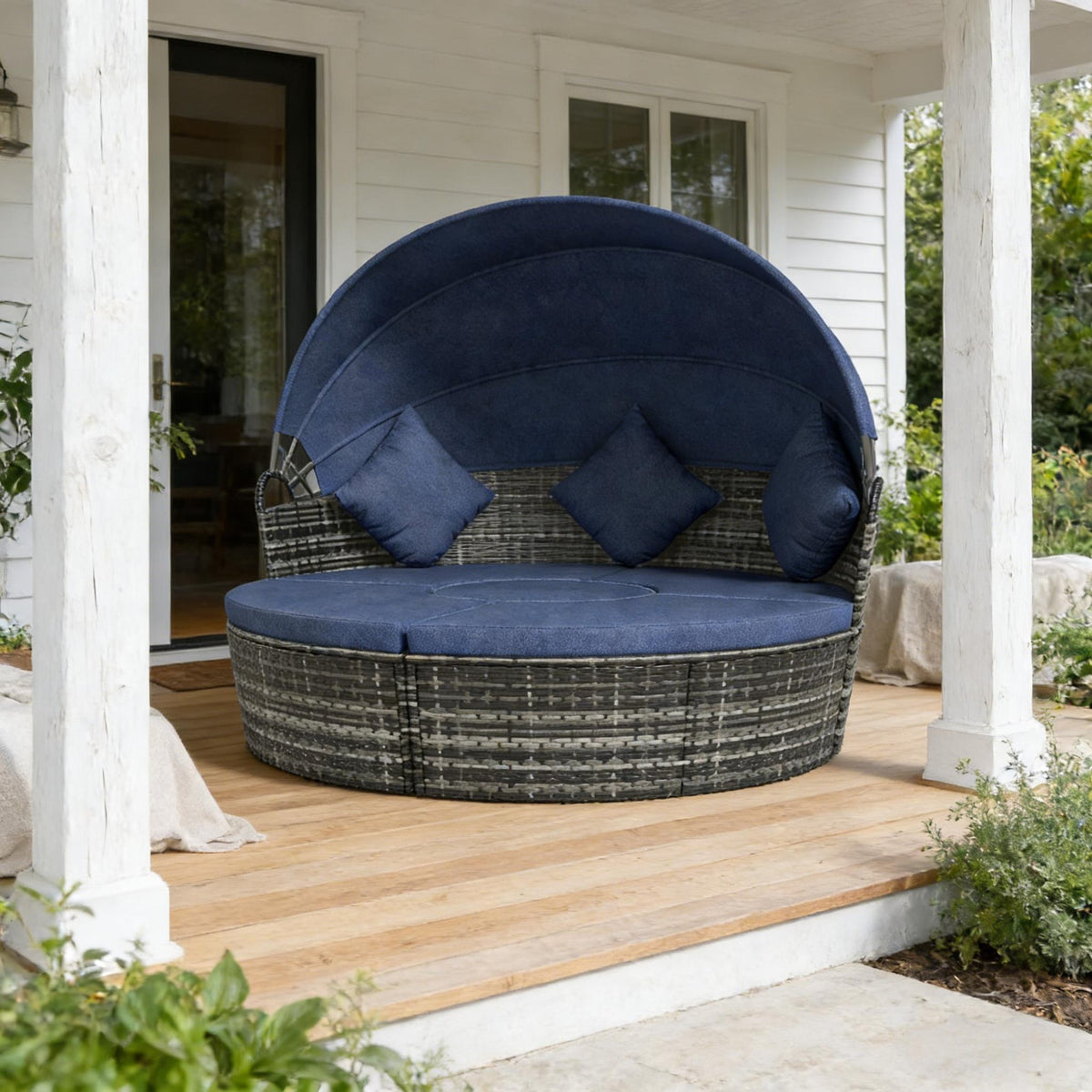 Patio Sectional Furniture Set,Outdoor Conversation Set,4 Piece Round Rattan Daybed