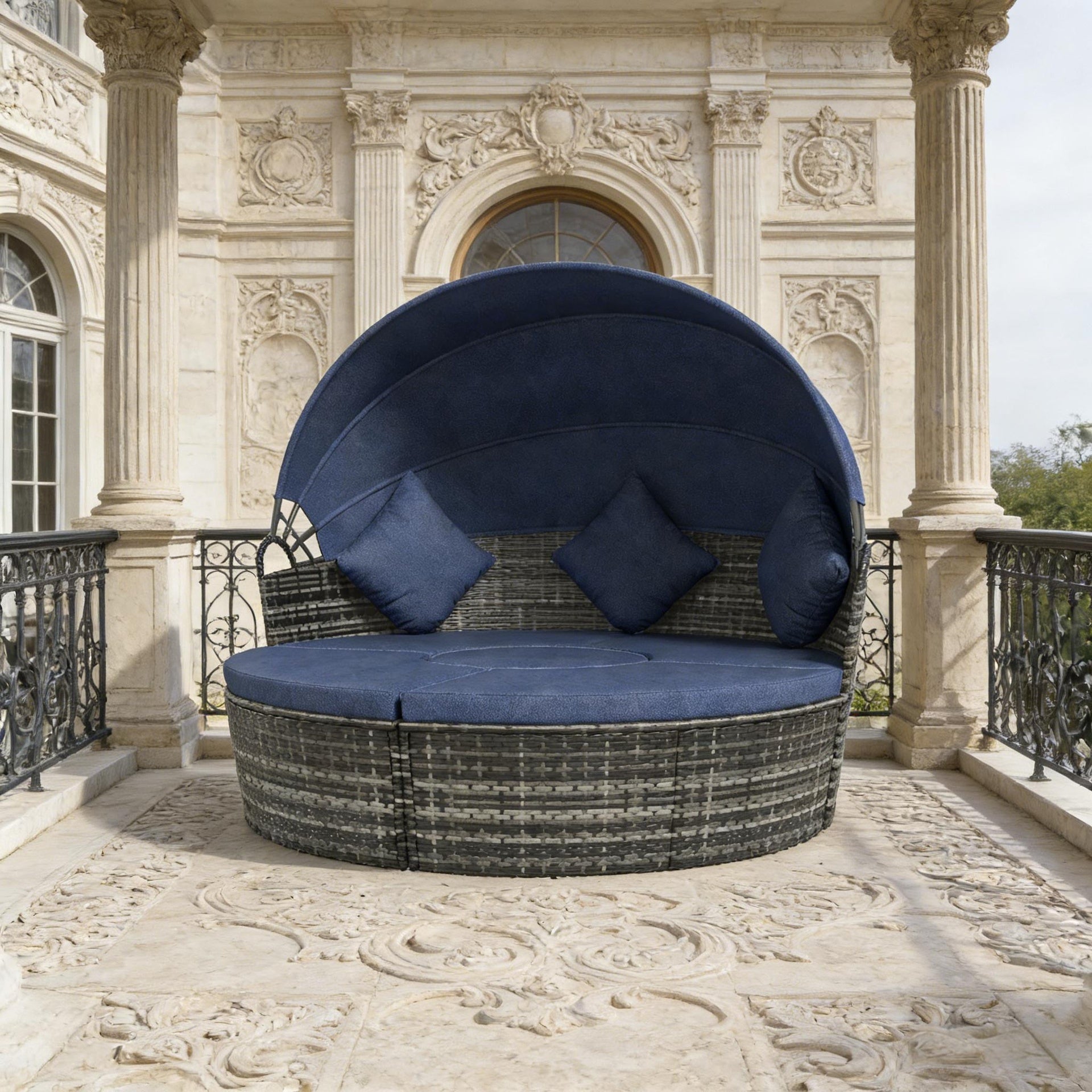 Patio Sectional Furniture Set,Outdoor Conversation Set,4 Piece Round Rattan Daybed