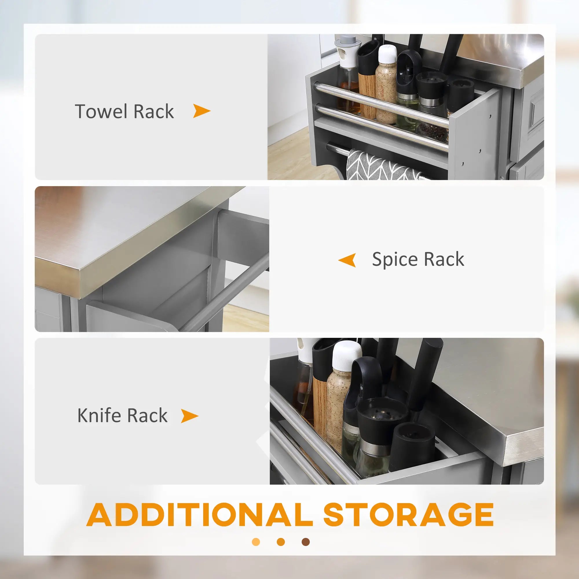 Kitchen Island Rolling Kitchen Island Cart with  2 Drawers, Spice, Knife and Towel Rack ,gray