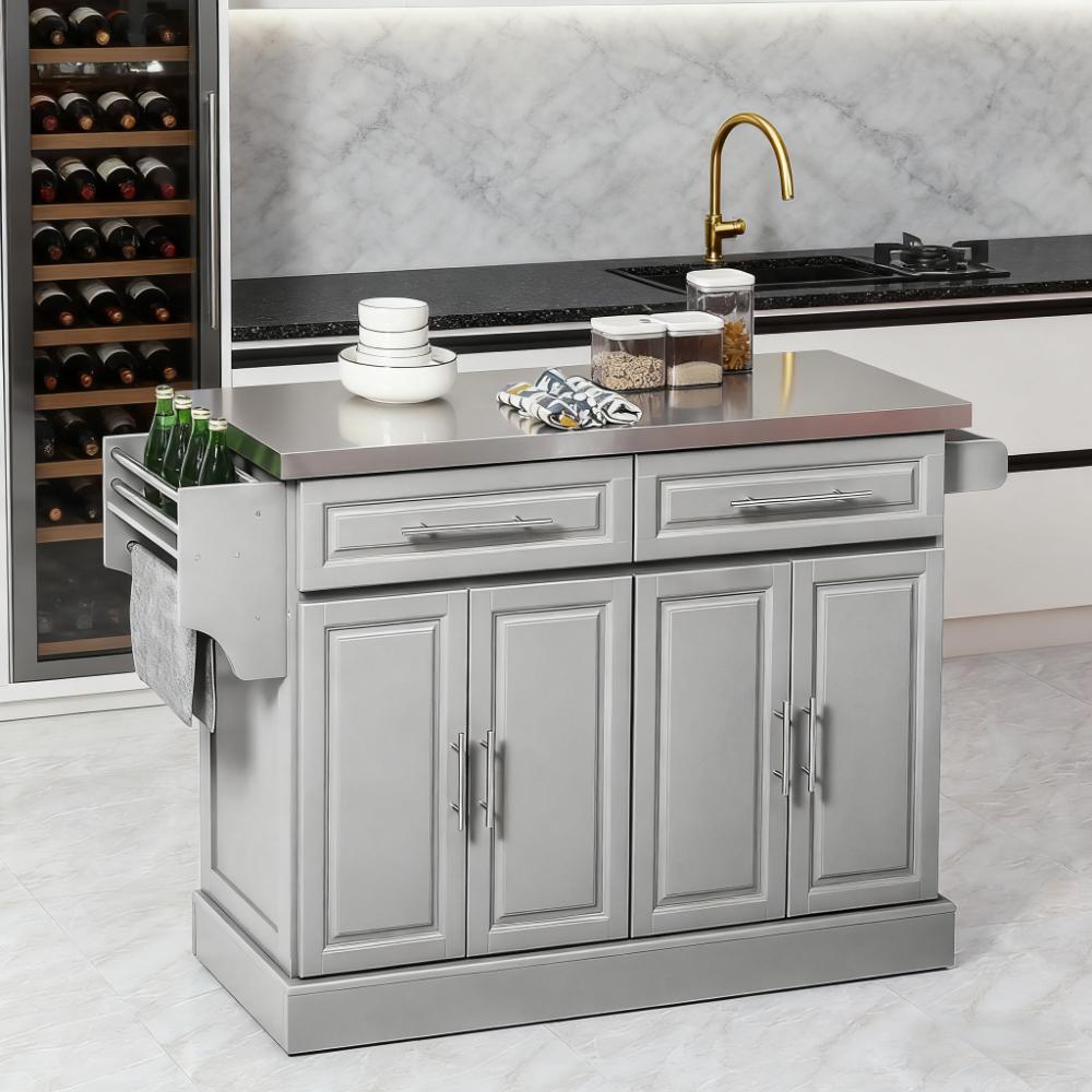 Kitchen Island Rolling Kitchen Island Cart with  2 Drawers, Spice, Knife and Towel Rack ,gray