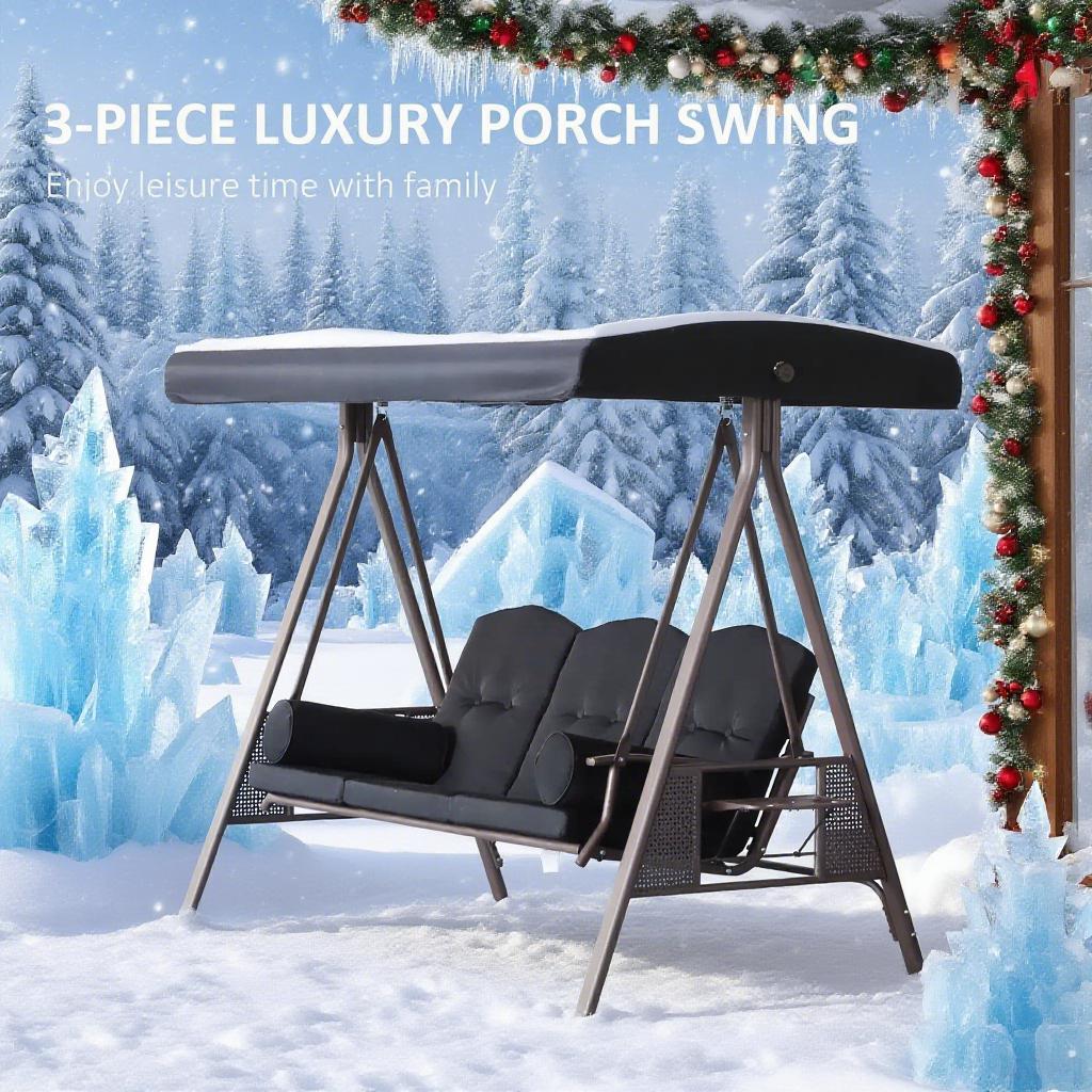 3-Seat Porch Swing for Garden, Poolside, Backyard, Black