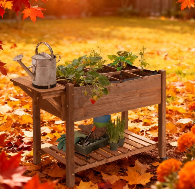 Planter Box,Wooden Garden Box,with 8 Pockets and Lockable Wheels,Foldable Side Clapboard,Elevated and Self-Draining Design