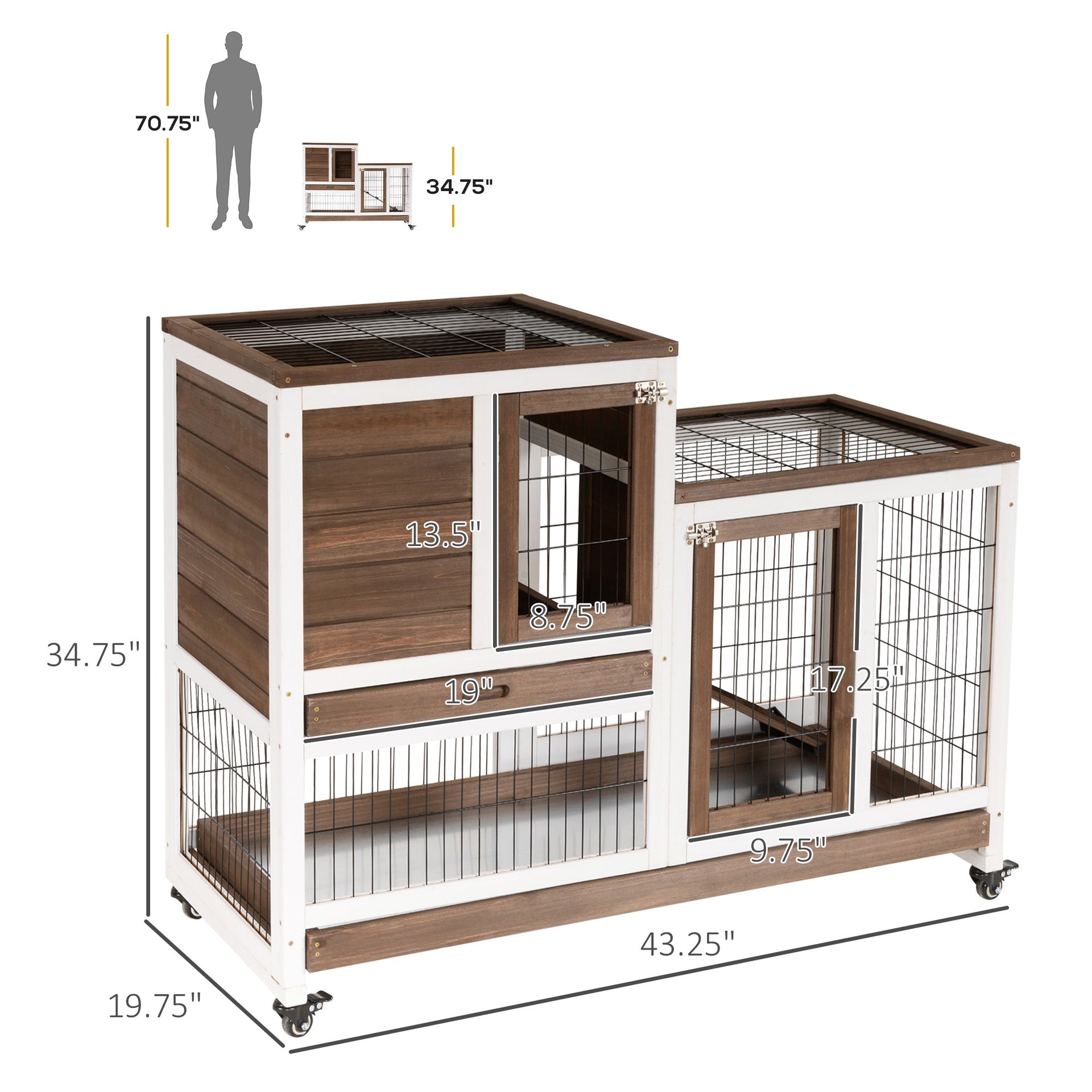 Wooden Rabbit Hutch Elevated Bunny Cage Indoor  with Enclosed Run with Wheels, Ramp, Removable Tray , Brown