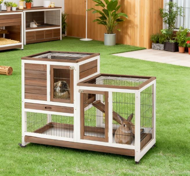 Wooden Rabbit Hutch Elevated Bunny Cage Indoor  with Enclosed Run with Wheels, Ramp, Removable Tray , Brown