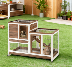 Wooden Rabbit Hutch Elevated Bunny Cage Indoor  with Enclosed Run with Wheels, Ramp, Removable Tray , Brown