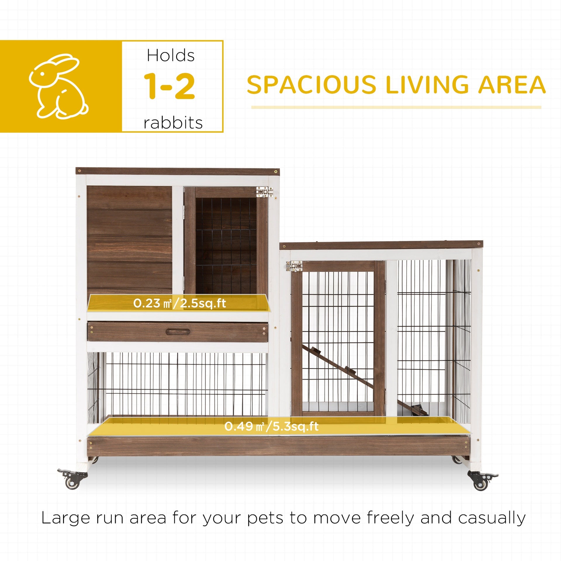 Wooden Rabbit Hutch Elevated Bunny Cage Indoor  with Enclosed Run with Wheels, Ramp, Removable Tray , Brown