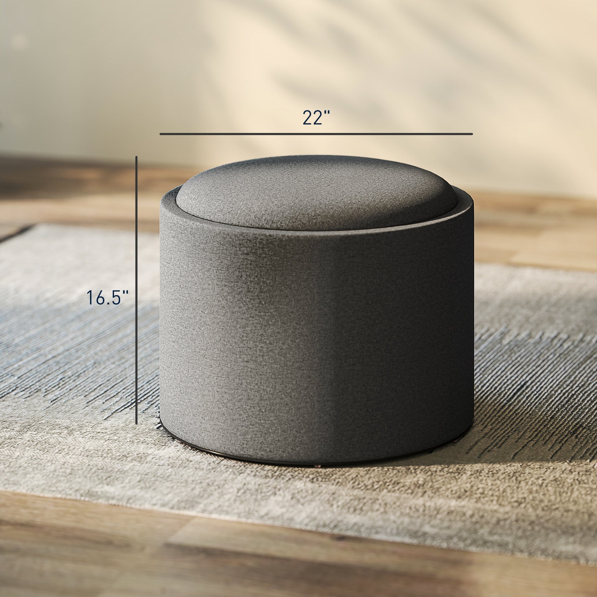 Linen Fabric Upholstered Footstool ,Round Storage  Coffee Table with Flip Top Tray,Dark Gray