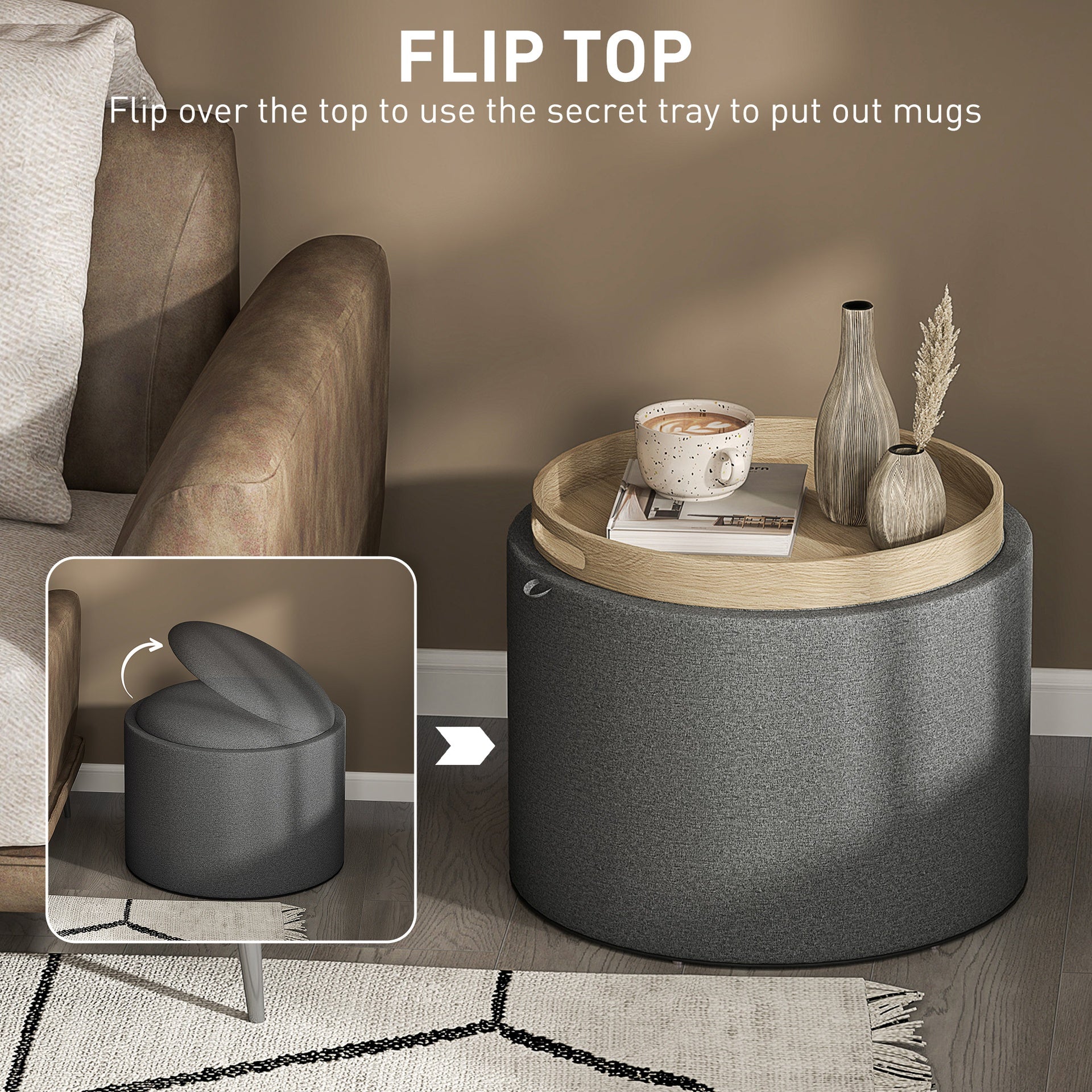 Linen Fabric Upholstered Footstool ,Round Storage  Coffee Table with Flip Top Tray,Dark Gray