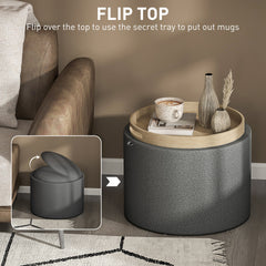 Linen Fabric Upholstered Footstool ,Round Storage  Coffee Table with Flip Top Tray,Dark Gray