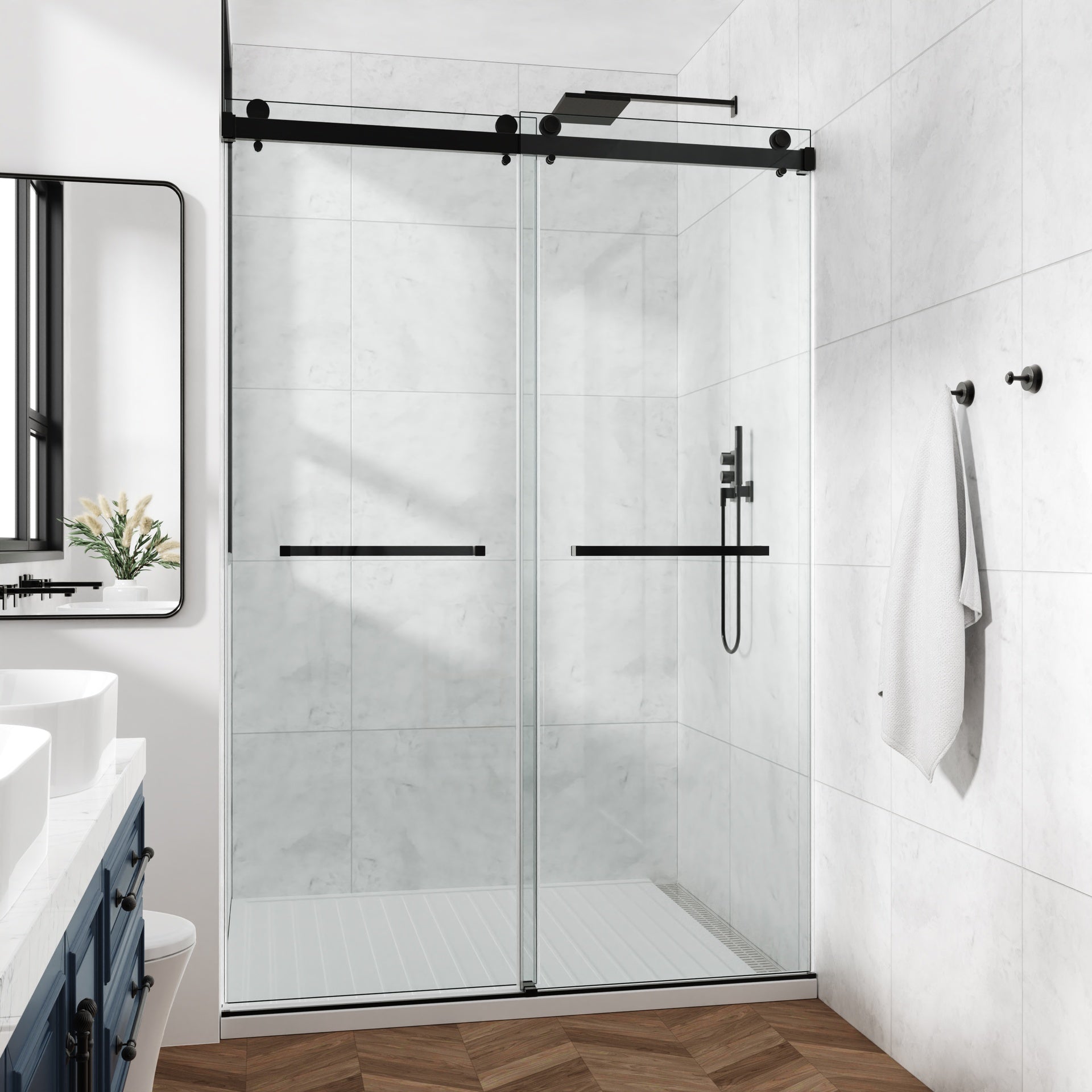 60*79" Frameless Double Sliding Shower Door, Double Shower Door, 3/8″ (10mm) SGCC Tempered Glass, Stainless Steel