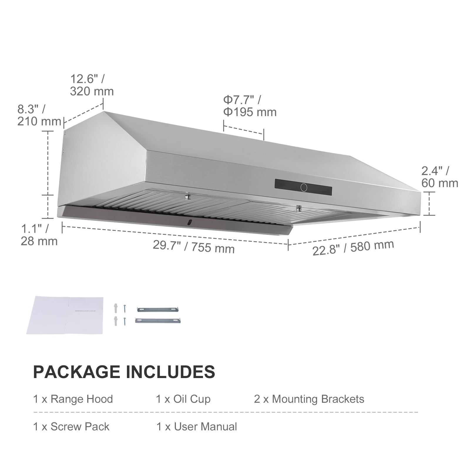 Under Cabinet Range Hood, Dual Motors Ductless Kitchen Stove Vent, Stainless Steel Permanent Filter with 3-Speed Exhaust Fan, 2 Baffle Filters, LED Lights, Touch Control Panel, Silver (30 inch)