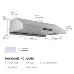 Under Cabinet Range Hood, Dual Motors Ductless Kitchen Stove Vent, Stainless Steel Permanent Filter with 3-Speed Exhaust Fan, 2 Baffle Filters, LED Lights, Touch Control Panel, Silver (30 inch)