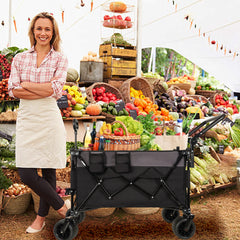 Multi-Functional Push-Pull Folding Wagon Cart with Rotating Handle & 360° All-Terrain Wheels – Heavy-Duty, Adjustable Design, Large Capacity for Transport, Groceries, and Outdoor Use, Black- Gray