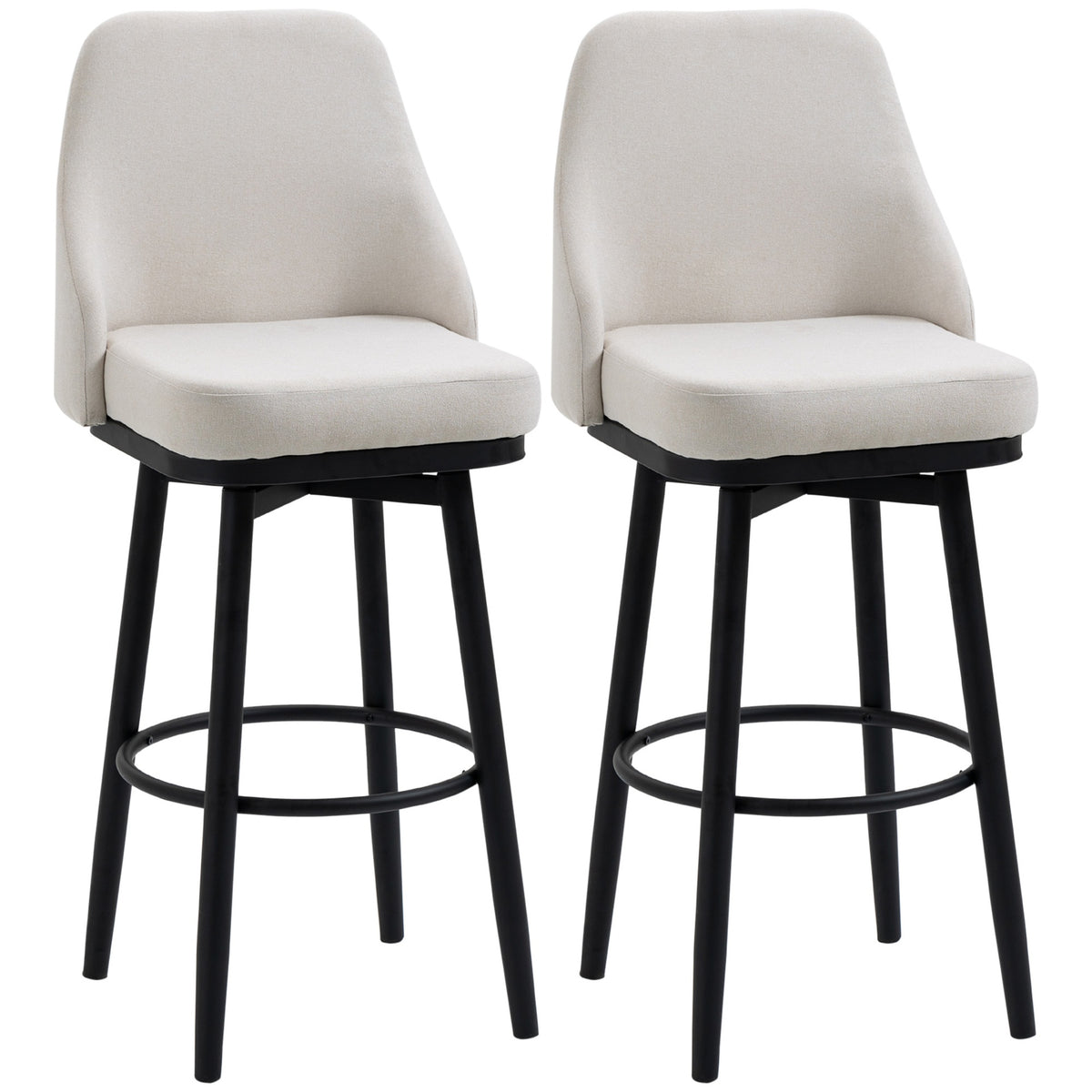 HOMCOM Bar Height Bar Stools Set of 2, Modern 360° Swivel Barstools, 29.5 Inch Seat Height Upholstered Kitchen Chairs with Steel Legs and Footrest, Cream White