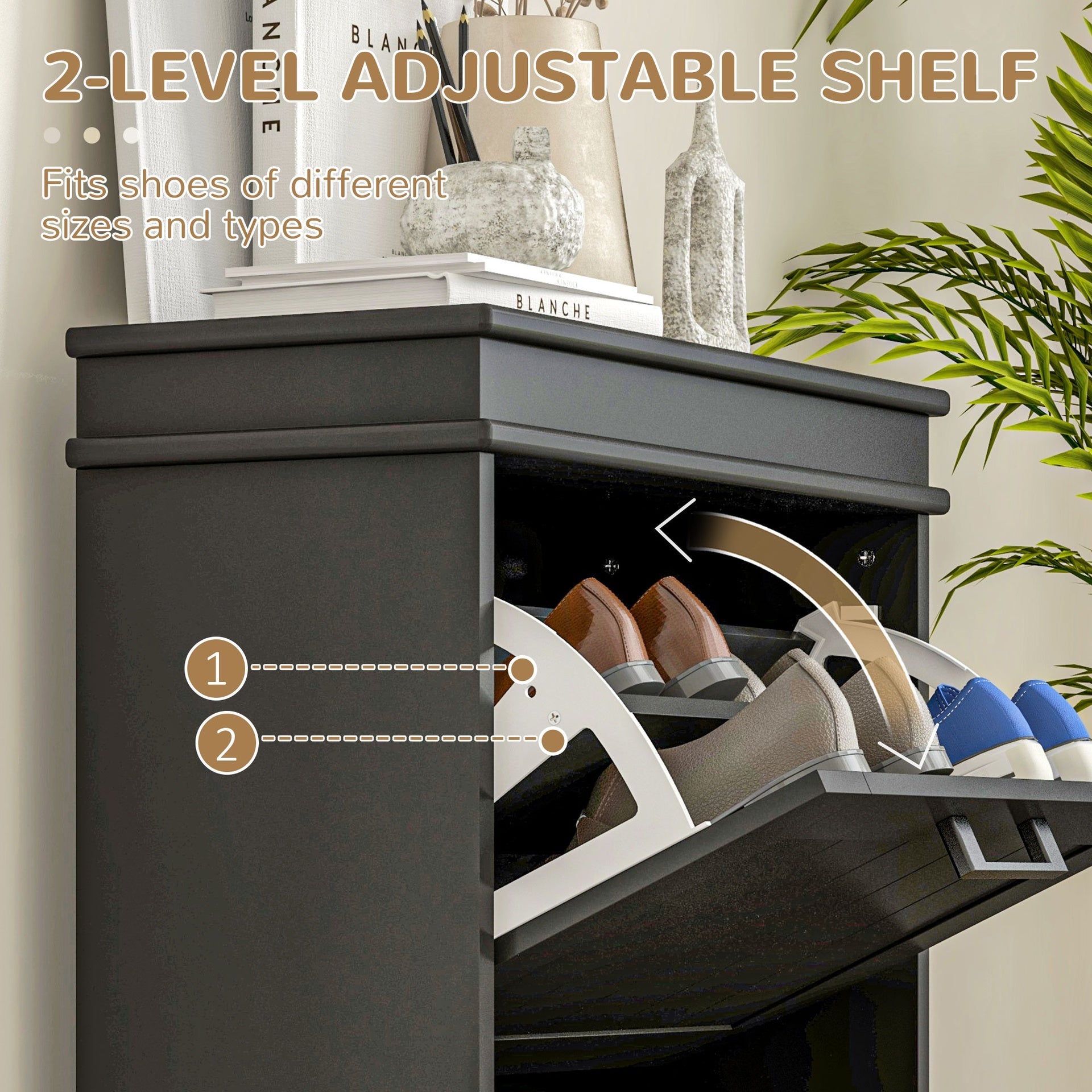 HOMCOM Shoe Cabinet for Entryway, Narrow Shoe Rack Storage Organizer with 2 Flip Drawers and Adjustable Shelves for 10 Pairs of Shoes, Black