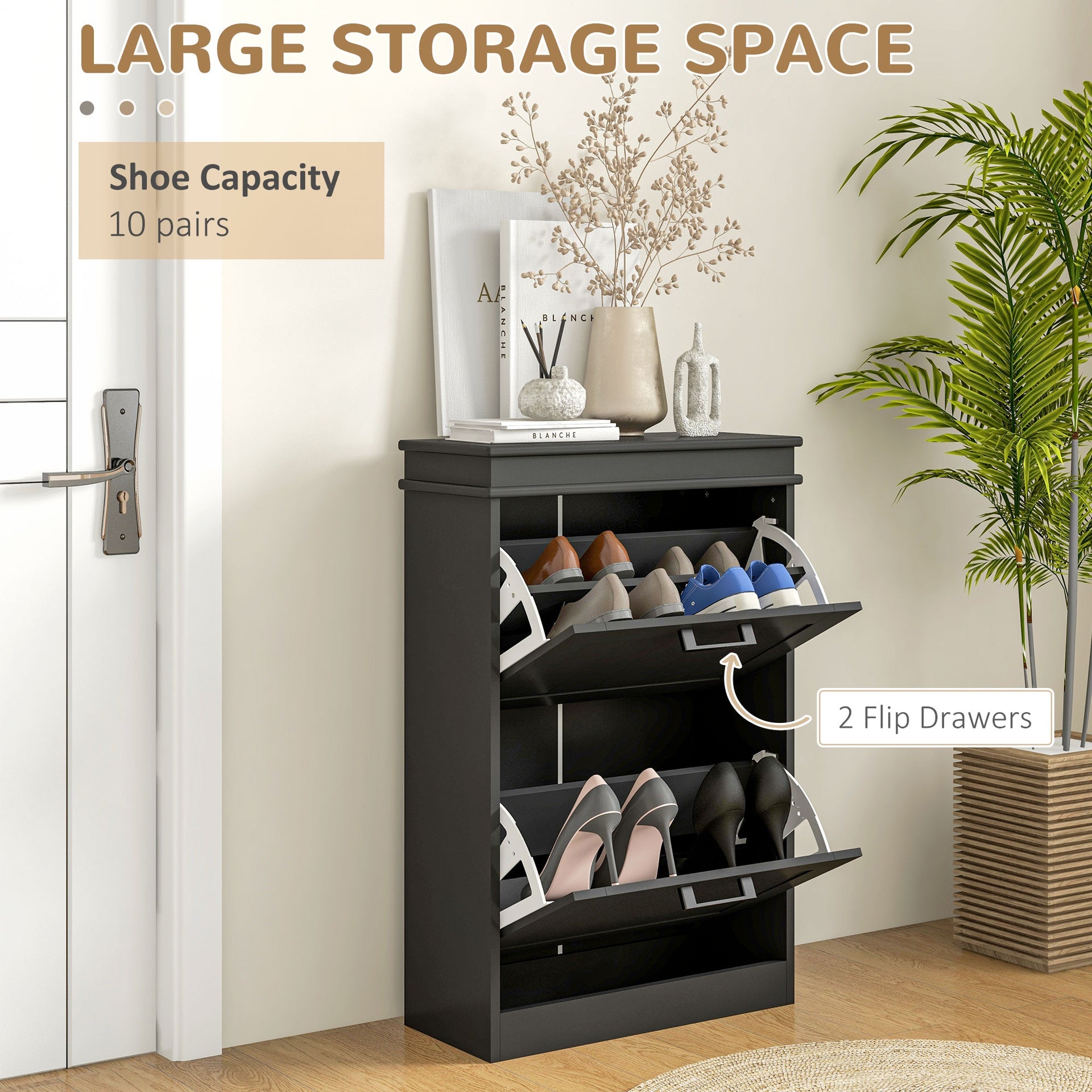 HOMCOM Shoe Cabinet for Entryway, Narrow Shoe Rack Storage Organizer with 2 Flip Drawers and Adjustable Shelves for 10 Pairs of Shoes, Black