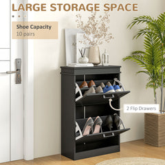 HOMCOM Shoe Cabinet for Entryway, Narrow Shoe Rack Storage Organizer with 2 Flip Drawers and Adjustable Shelves for 10 Pairs of Shoes, Black