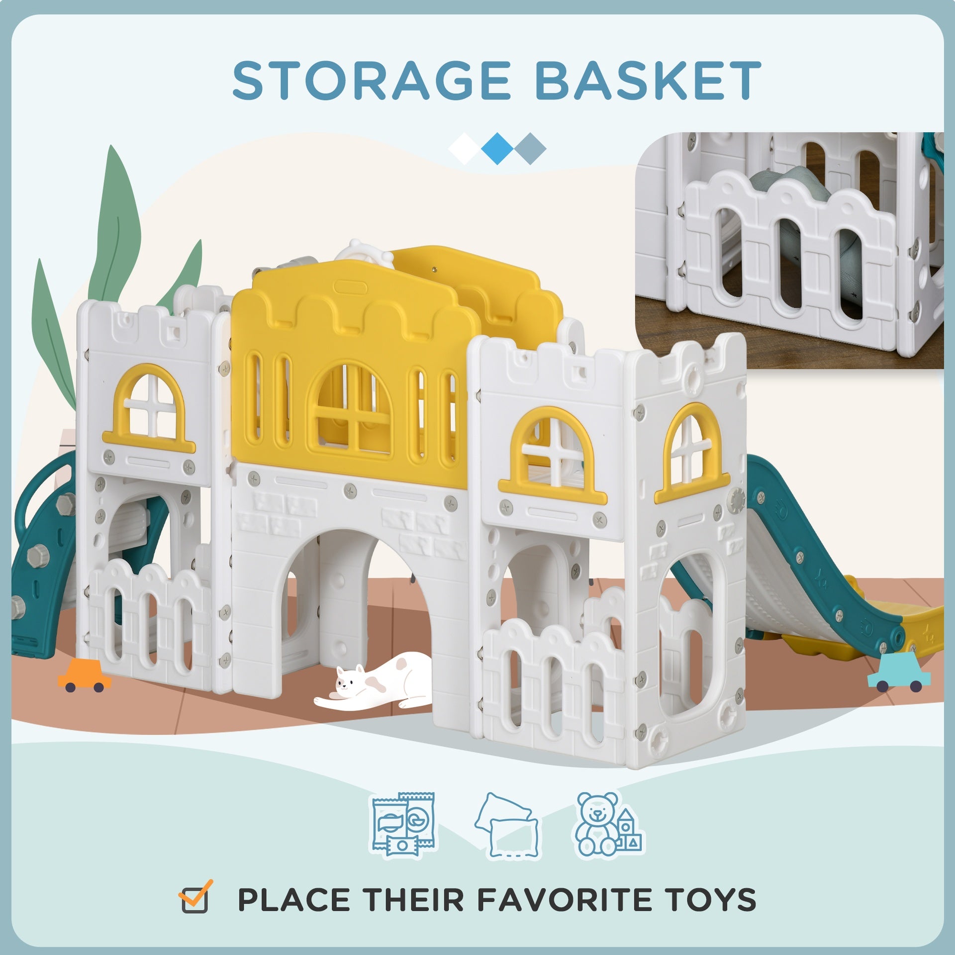 Qaba 8 in 1 Toddler Slide for Kids Age 1-3 Years, Indoor Kids Slide Playset with Basketball Hoop, Climber, Telescope, Tunnel, Steering Wheel, Aisle, Storage Baskets, Yellow