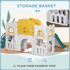 Qaba 8 in 1 Toddler Slide for Kids Age 1-3 Years, Indoor Kids Slide Playset with Basketball Hoop, Climber, Telescope, Tunnel, Steering Wheel, Aisle, Storage Baskets, Yellow