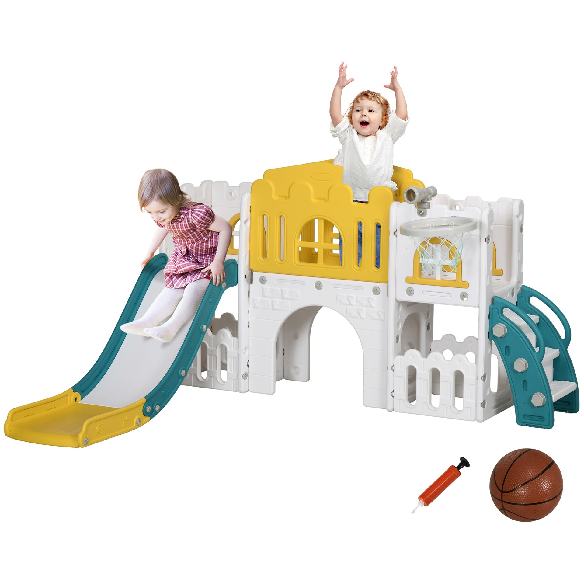 Qaba 8 in 1 Toddler Slide for Kids Age 1-3 Years, Indoor Kids Slide Playset with Basketball Hoop, Climber, Telescope, Tunnel, Steering Wheel, Aisle, Storage Baskets, Yellow