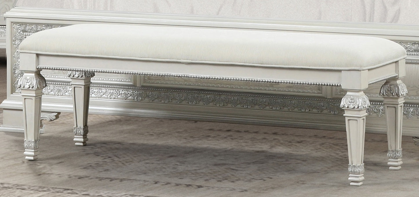 Metal Silver Finish Traditional Bench Ornated Round Knobs Diamond-button tufting adds a classic look, Creamy White