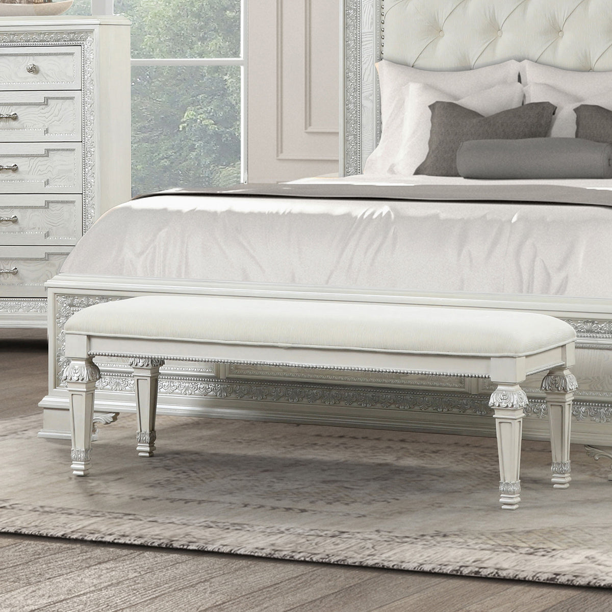 Metal Silver Finish Traditional Bench Ornated Round Knobs Diamond-button tufting adds a classic look, Creamy White