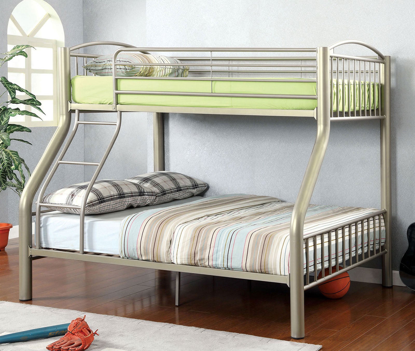 Twin Over Full Metal Bunk Bed Contemporary Style Bold Diameter Tube Rails Metallic Gold