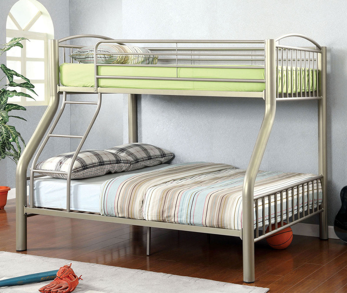 Twin Over Full Metal Bunk Bed Contemporary Style Bold Diameter Tube Rails Metallic Gold