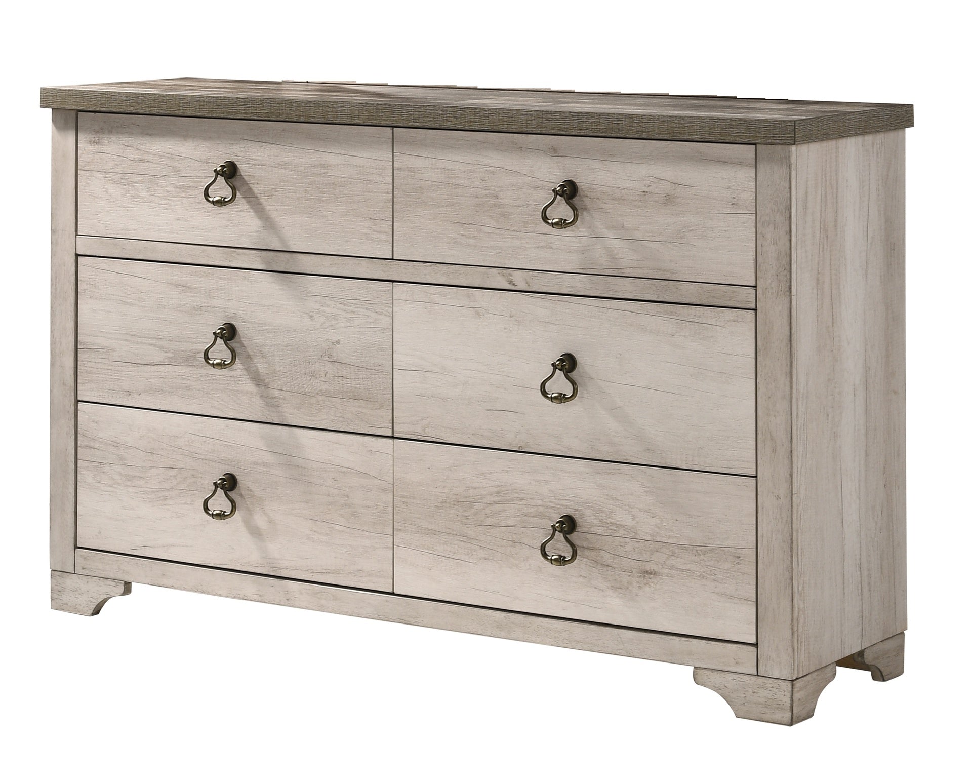 1pc Cottage Style Distressed 6 Drawer Dresser Driftwood Finish Contrasting Weathered Brown Top Traditional Ring Pull Hardware Wooden
