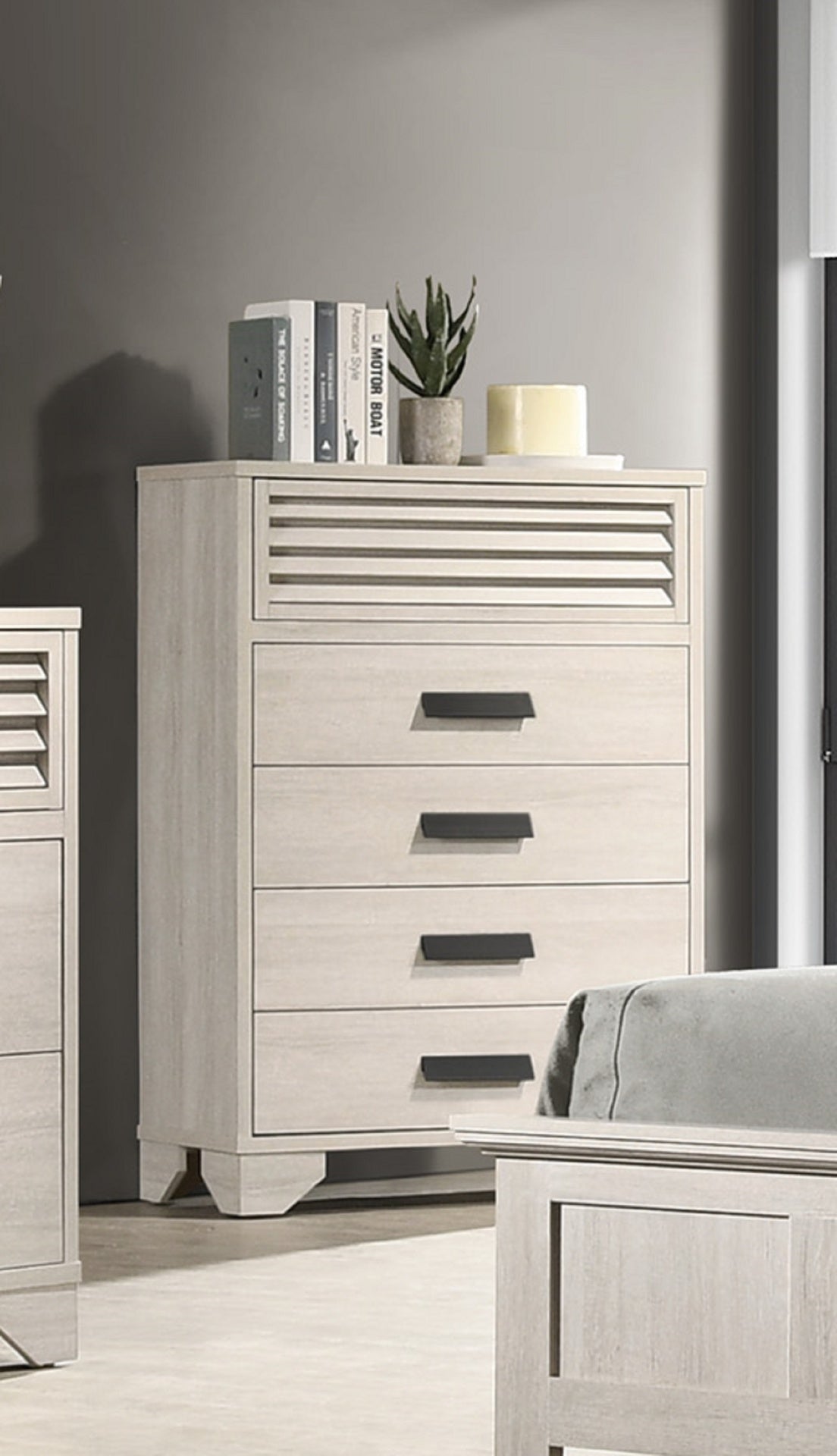 1pc Contemporary 5-Drawer Louvered Design Chest Finger Pull Hardware Bedroom Wooden Furniture Beige Finish