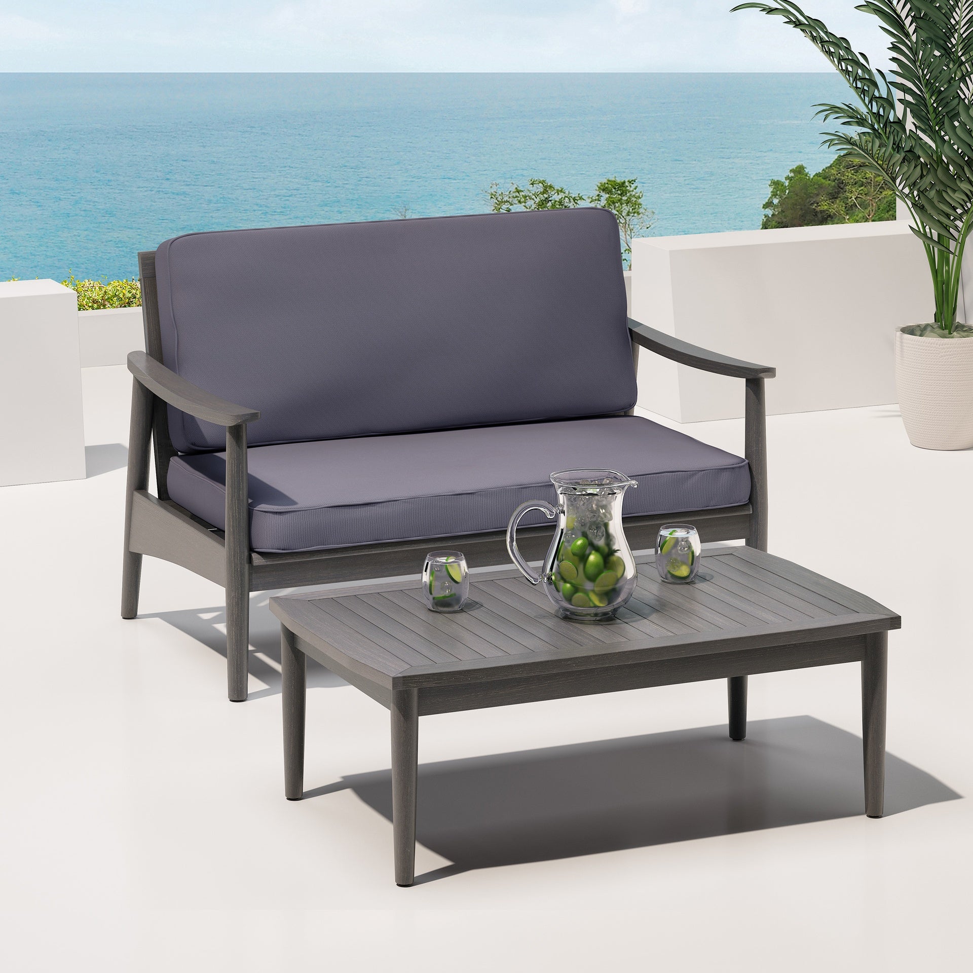 Patio Loveseat and Coffee Table Set, Patio Furniture Set with Cushion, Acacia Wood Frame Conversation Set for Garden, Backyard, Porch and Poolside, Minimalistic Style