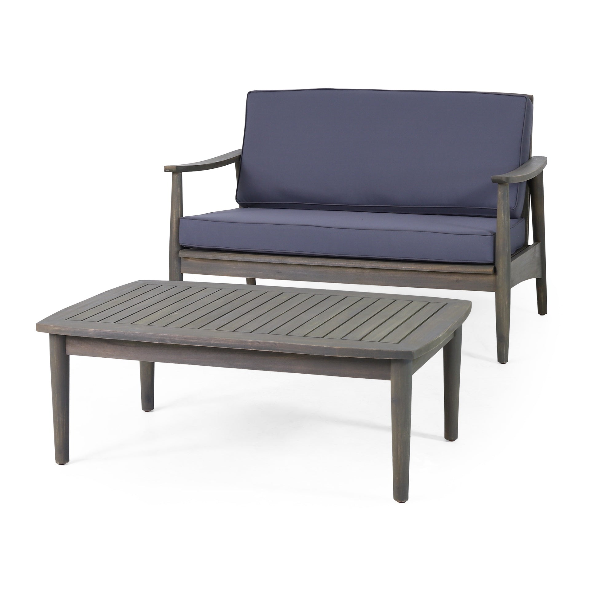 Patio Loveseat and Coffee Table Set, Patio Furniture Set with Cushion, Acacia Wood Frame Conversation Set for Garden, Backyard, Porch and Poolside, Minimalistic Style