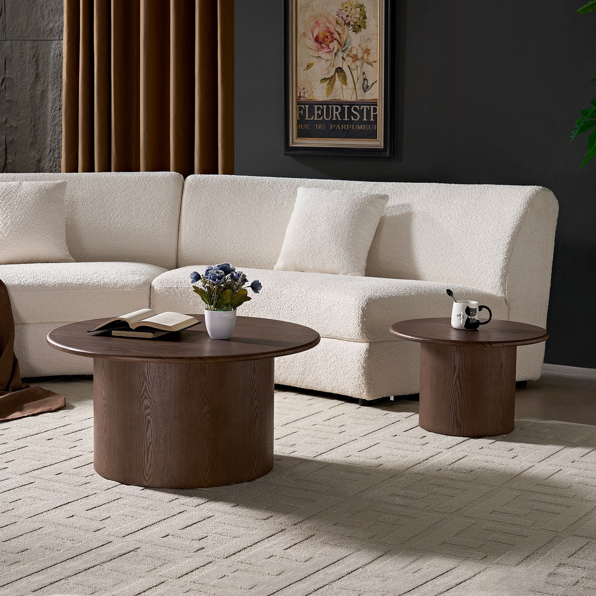 Coffee Table Set of 2 ,MDF Round Coffee Table for Living Room ,Apartment,Leisure Area Walnut