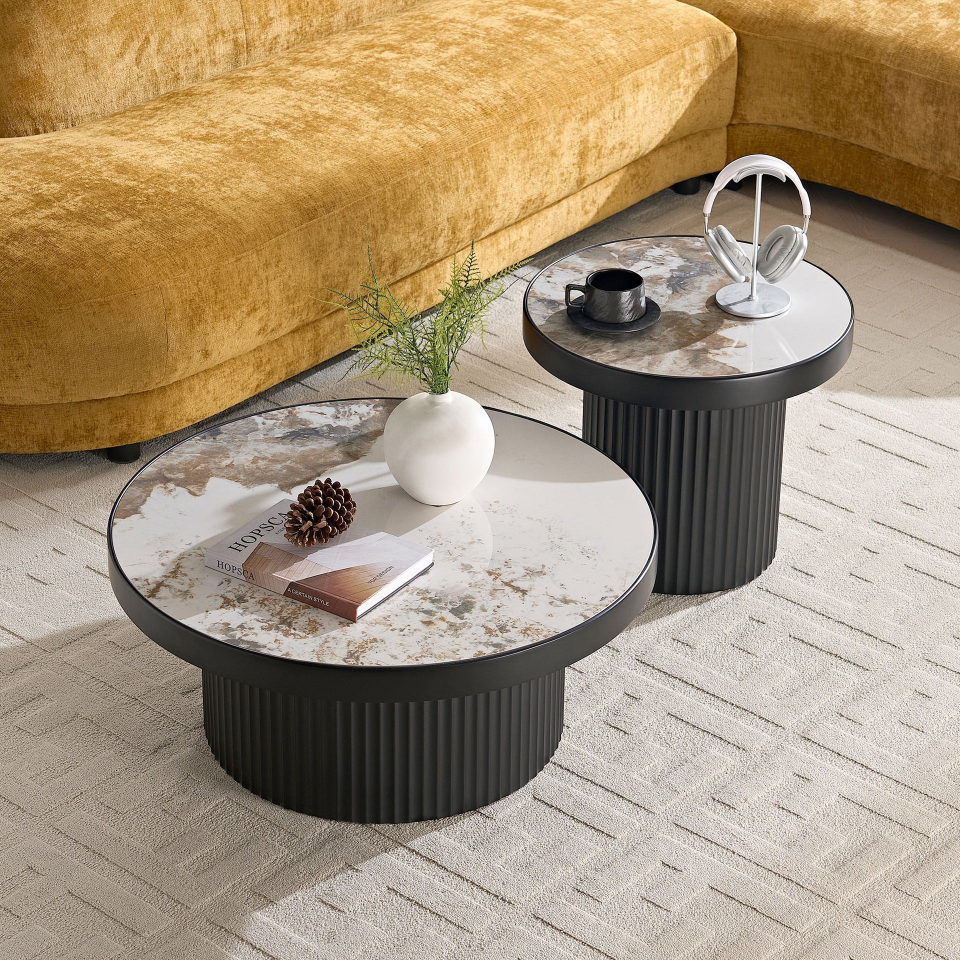 Set of 2 Coffee Table,MDF Round Coffee Table Sintered Stone Tabletop for Living Room Apartment,Leisure Area BLACK