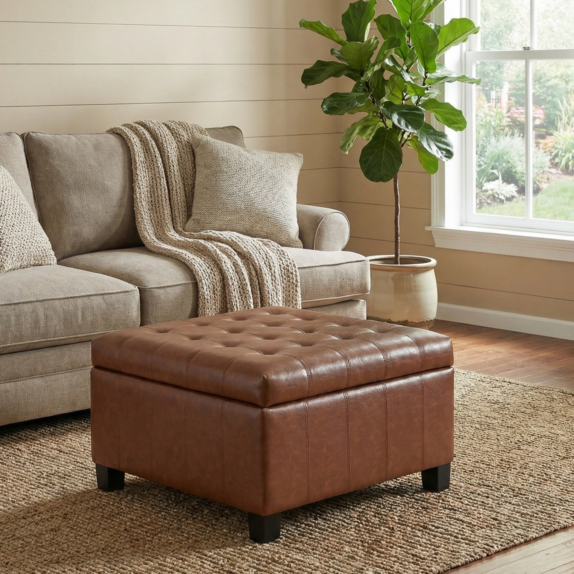 LIght Brown PU Storage Ottoman with Rubber Wood Legs, 30.25'' Square Tufted Indoor Ottoman with Lift-Top Storage for Living Room, Bedroom & Entryway,300lbs Weight Capacity