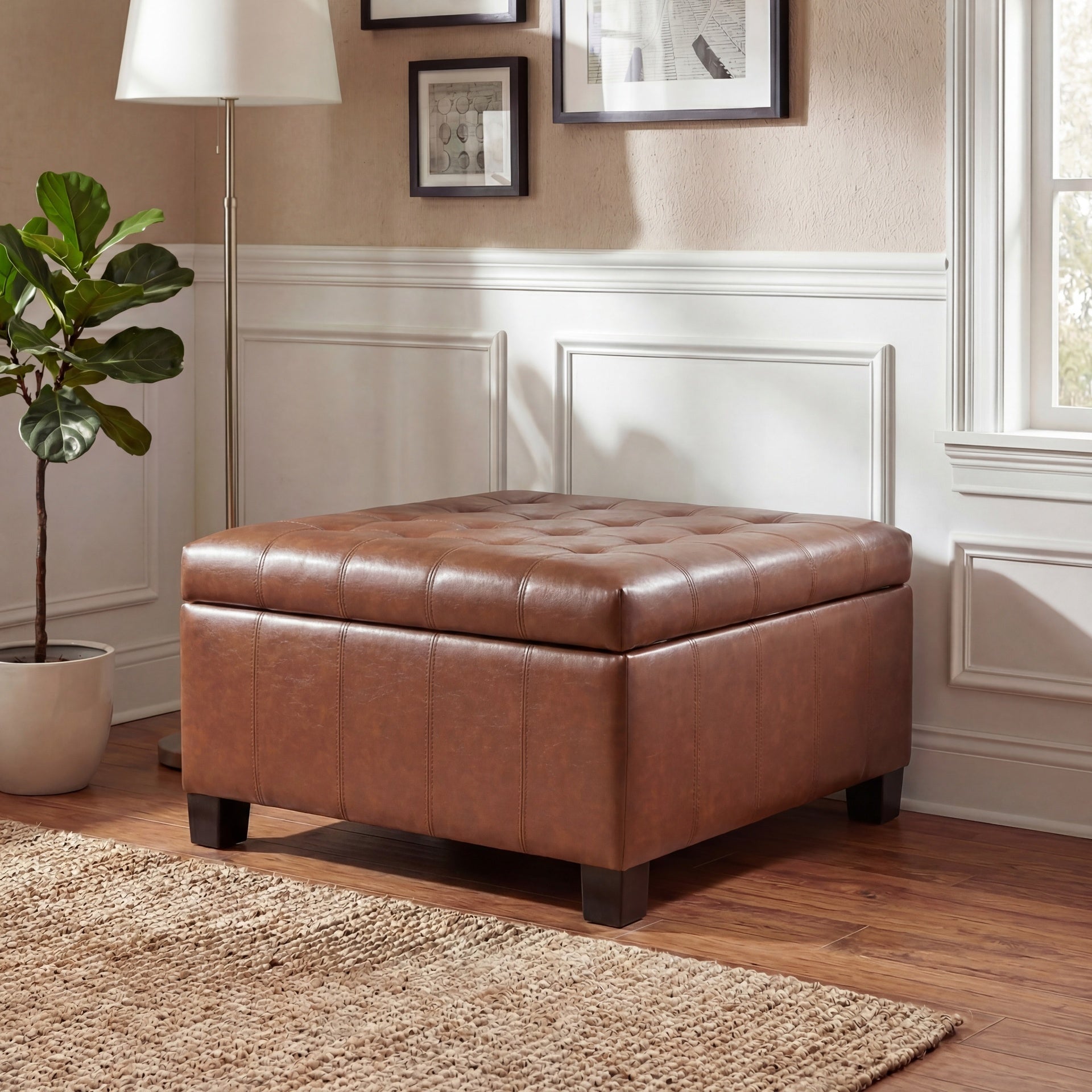 LIght Brown PU Storage Ottoman with Rubber Wood Legs, 30.25'' Square Tufted Indoor Ottoman with Lift-Top Storage for Living Room, Bedroom & Entryway,300lbs Weight Capacity