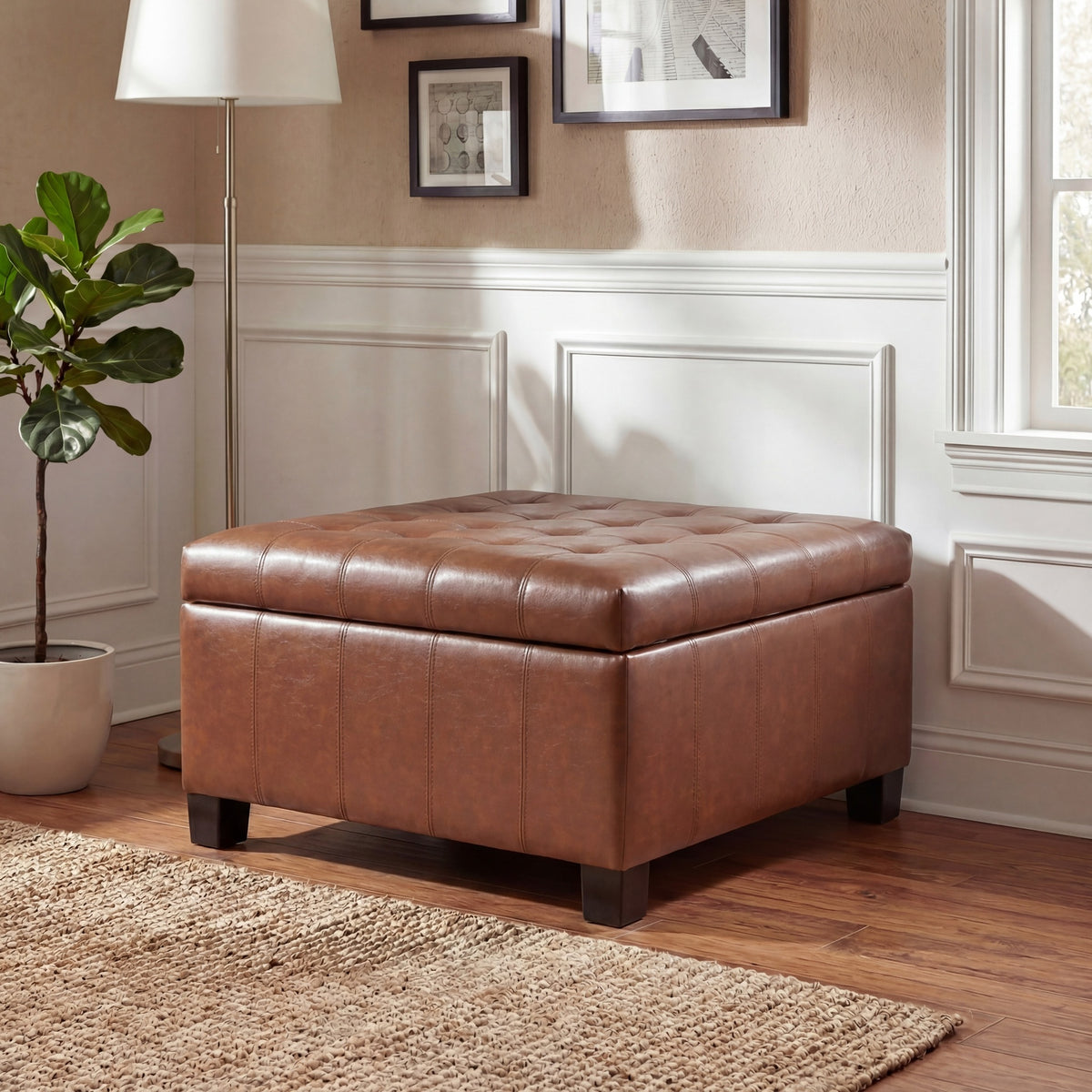 LIght Brown PU Storage Ottoman with Rubber Wood Legs, 30.25'' Square Tufted Indoor Ottoman with Lift-Top Storage for Living Room, Bedroom & Entryway,300lbs Weight Capacity