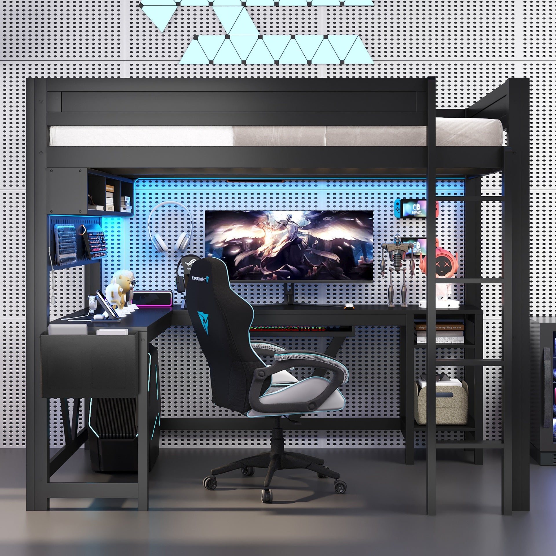 Wood Full Size Gaming Loft Bed with Desk, Storage Shelves, LED and Charging Station, Black
