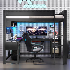 Wood Full Size Gaming Loft Bed with Desk, Storage Shelves, LED and Charging Station, Black
