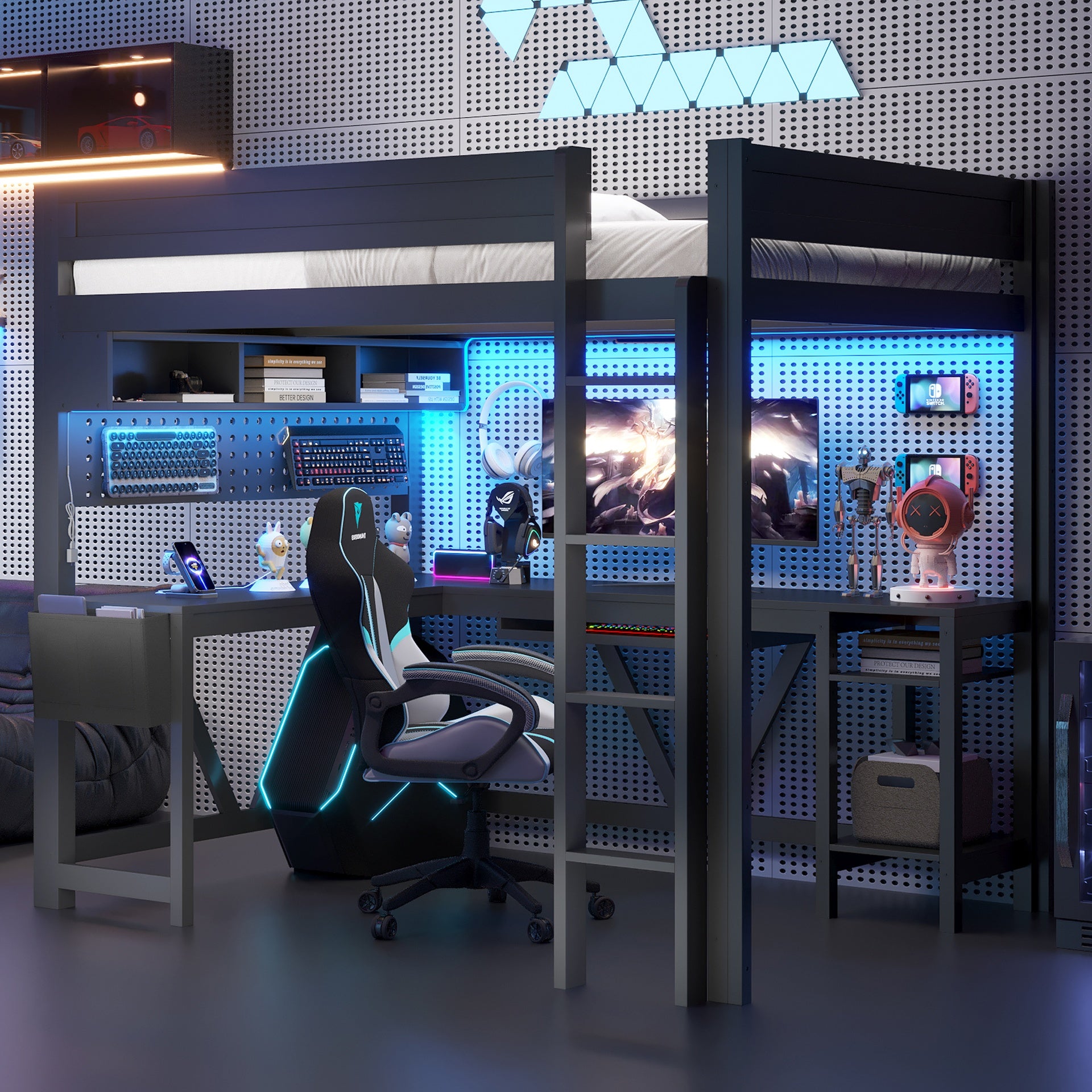 Wood Full Size Gaming Loft Bed with Desk, Storage Shelves, LED and Charging Station, Black